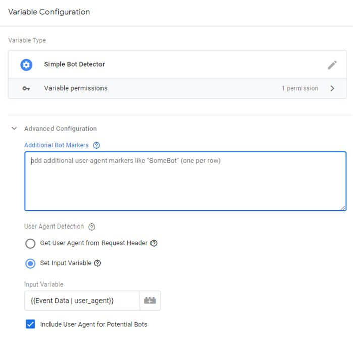 Einstellungen Simple Bot Detector Variable in Google Tag Manager