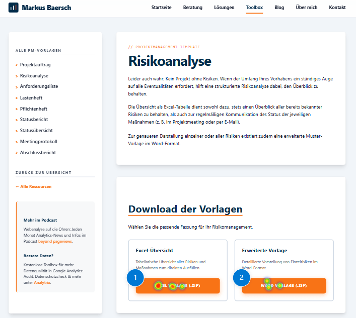 Clarity Clickmap einer Website: Klickbereiche und ihre Häufigkeit auf einen Blick