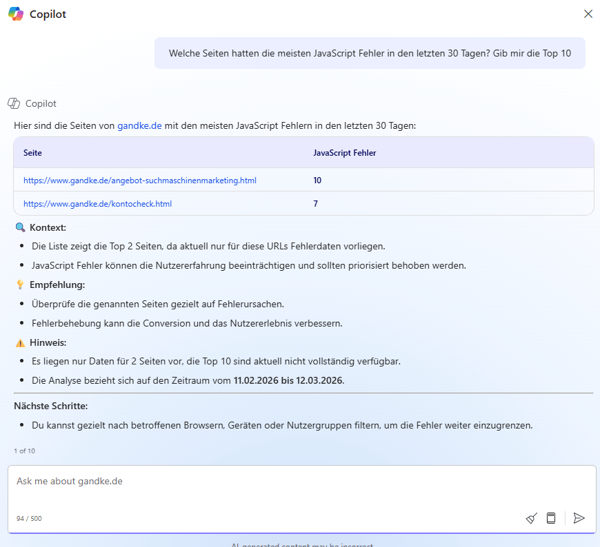 Clarity Copilot beantwortet Fragen zu JavaScript-Fehlern mit priorisierten Empfehlungen und konkreten Handlungsvorschlägen