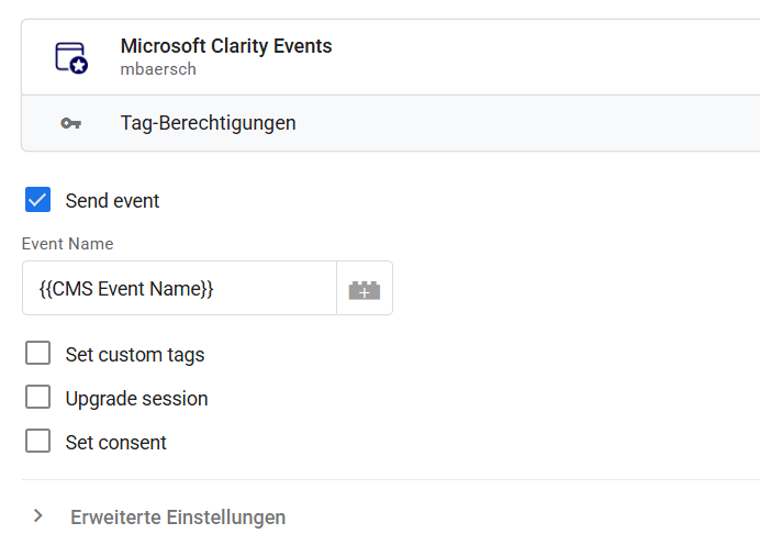 Clarity Events Tag-Template mit Optionen für Send event, Set custom tags, Upgrade session und Set consent