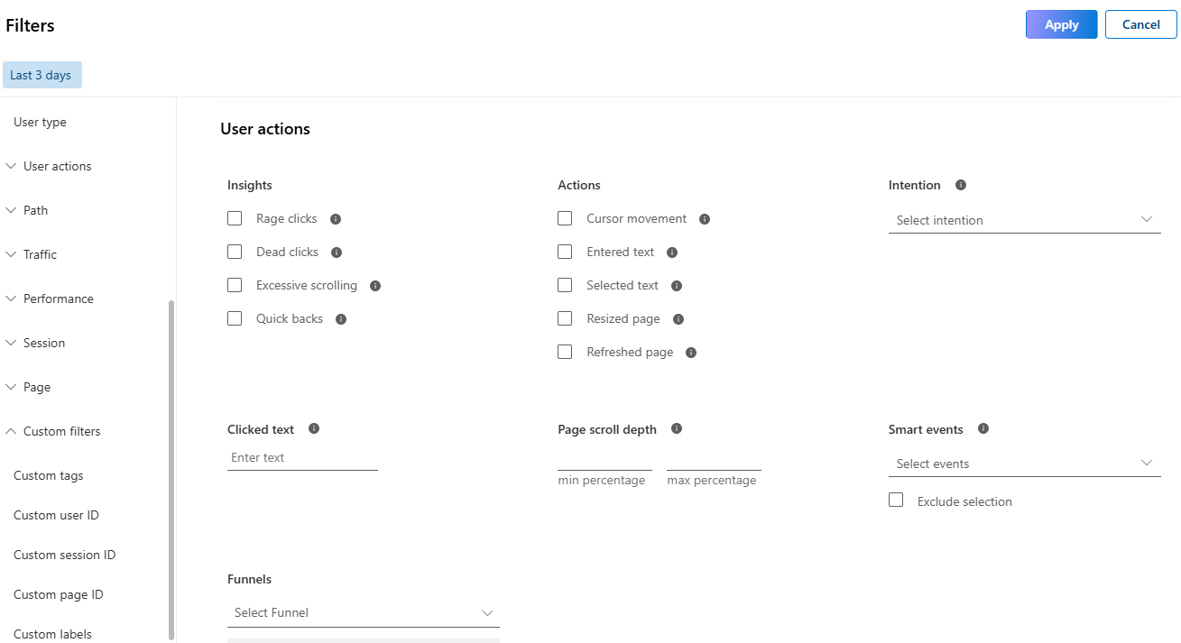 Clarity Filter-Dialog: User actions, Path, Traffic, Performance, Session, Page und Custom filters mit Optionen für Rage clicks, Dead clicks, Smart events, Funnels und mehr