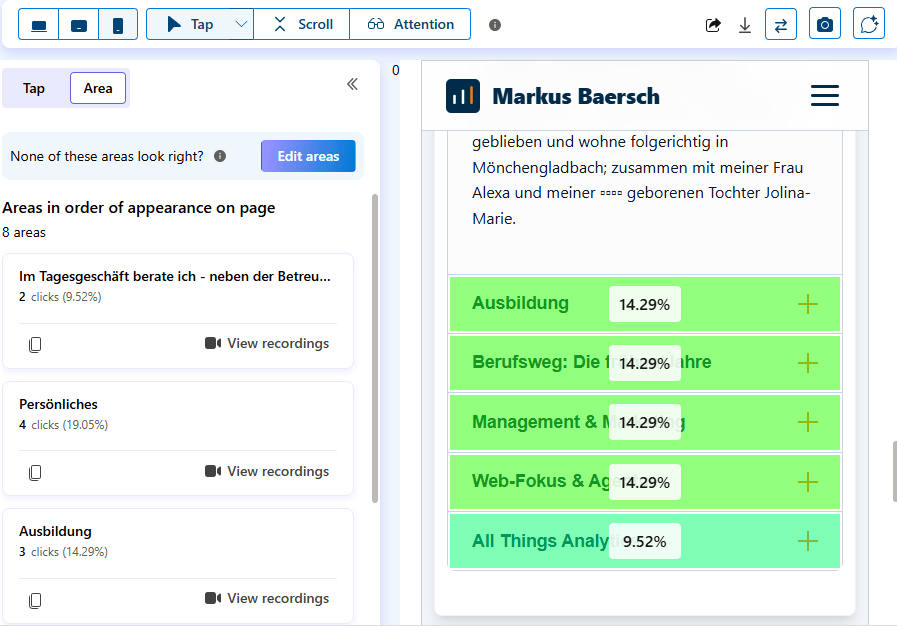 Clarity Recording einer Click-Map neben der aufgezeichneten Seitenansicht mit erkannten Klickbereichen