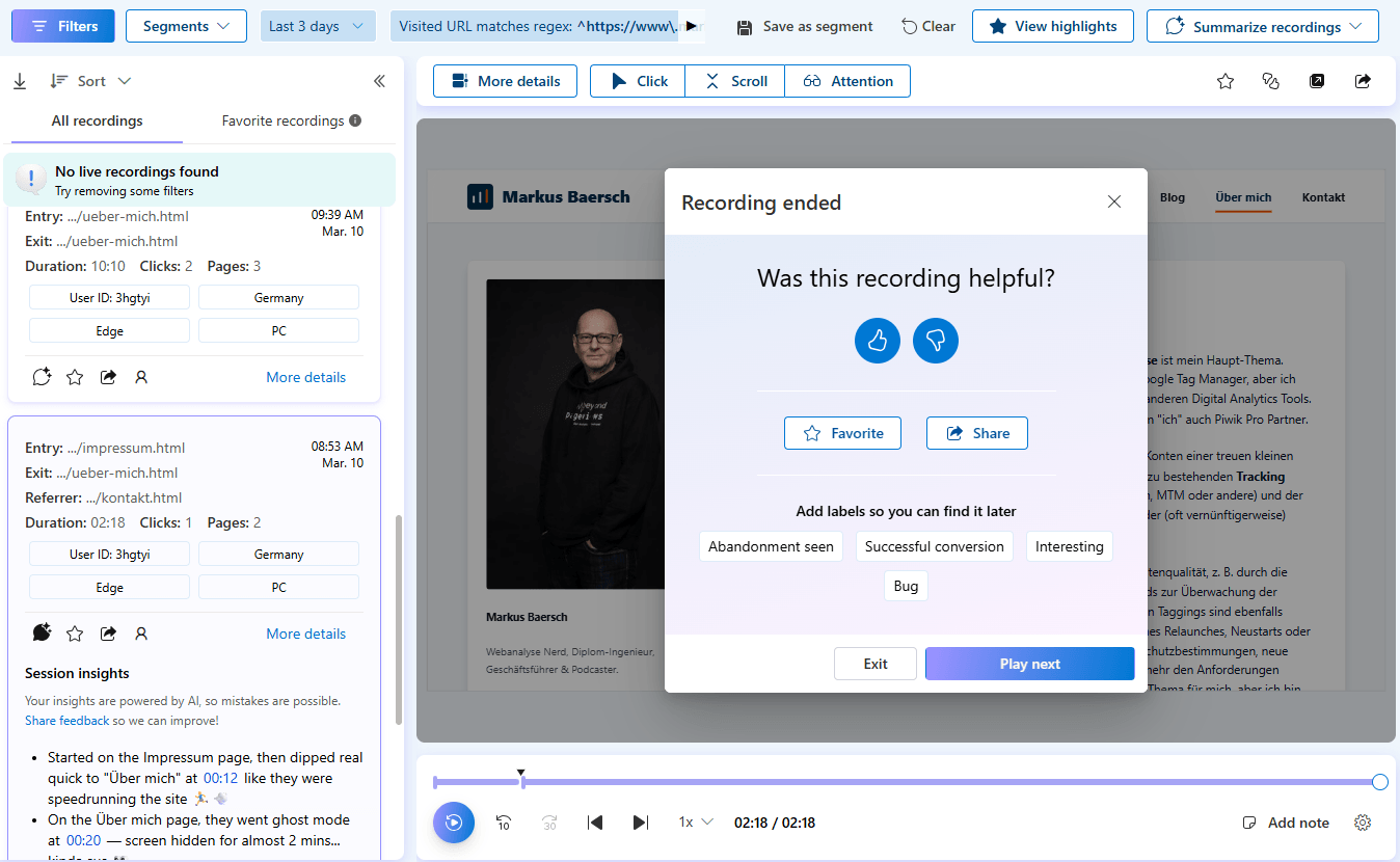 Clarity Session Recording mit Bewertungsdialog, Labels und AI-generierten Session Insights