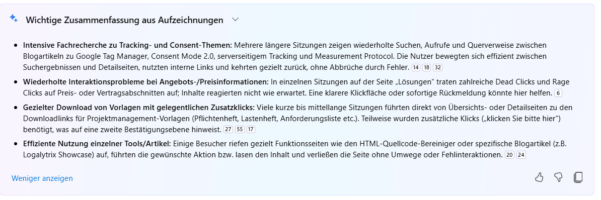 Detail der Zusammenfassung: Wichtige Erkenntnisse zu Tracking, Consent und Datenschutz aus den analysierten Recordings