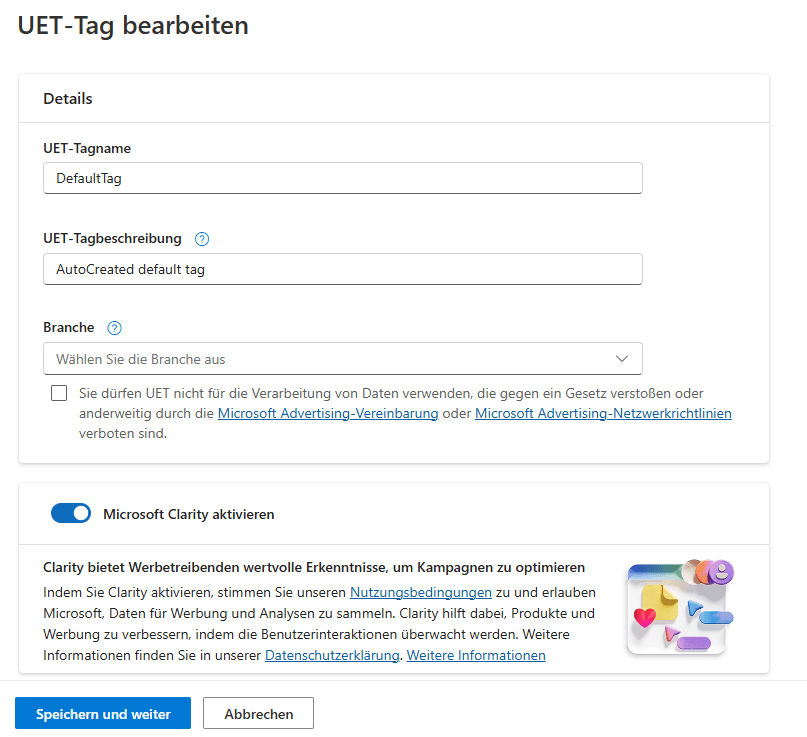 UET-Tag Konfiguration mit aktivierter Clarity-Checkbox - standardmäßig eingeschaltet