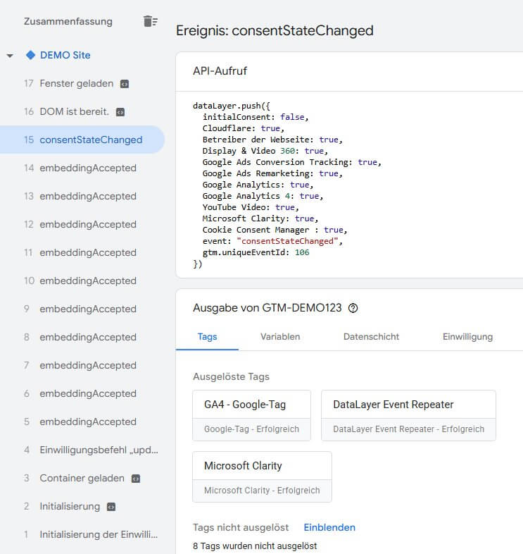 DataLayer Dauerfeuer: Dutzende Consent-Events einer CMP im GTM Debug-Modus