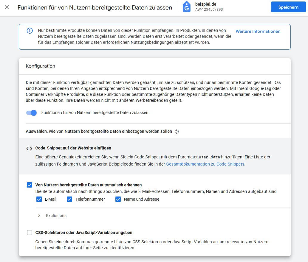 Einstellungen für von Nutzern bereitgestellte Daten im Google Tag