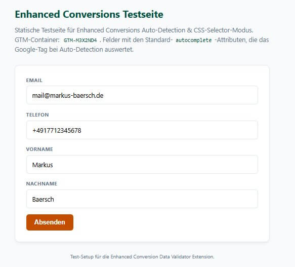 Testseite mit Formular für Nutzerdaten