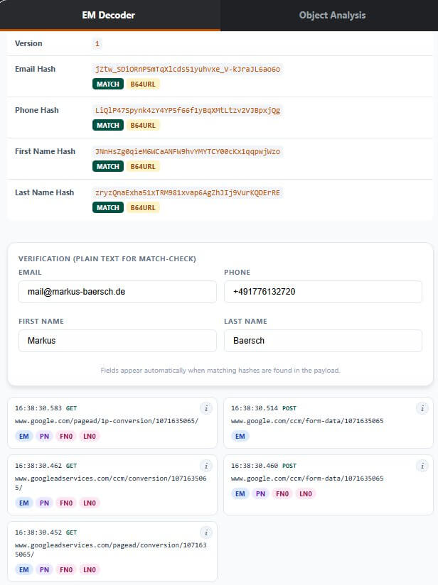 Aufgezeichnete Requests im Enhanced Conversion Data Validator