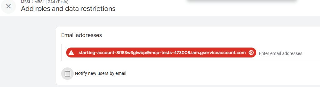 In der GA4-Oberfläche wird die SA-Mail (noch) nicht akzeptiert