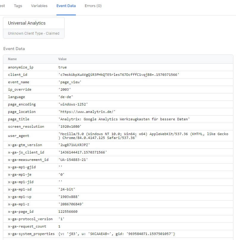 Vorschau: Event Data eines echten Trackinghits von der Website