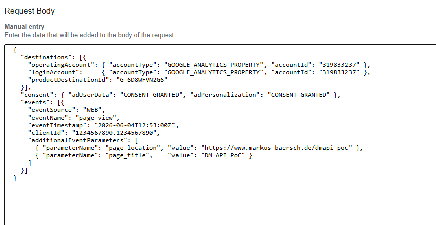 DM-API-Payload (page_view) im API Explorer