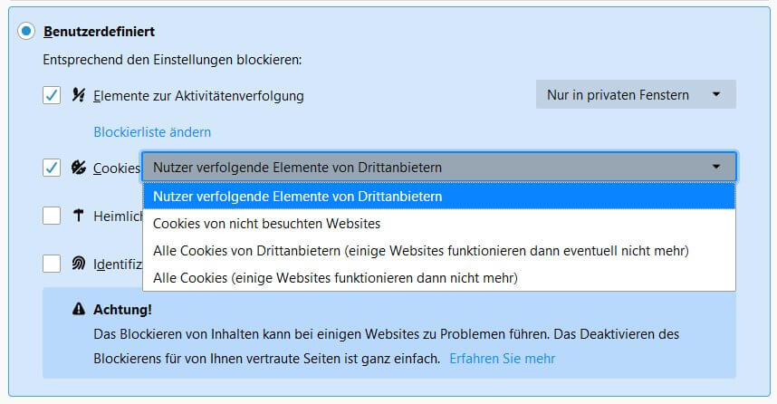Einstellungen zum Blockieren von Cookies in Firefox