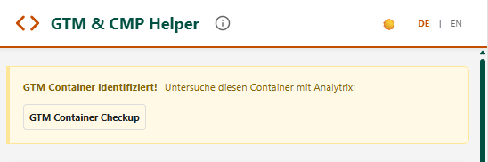 Popup-Sektion bei gefundenem Container mit Button für Analytrix-Checkup