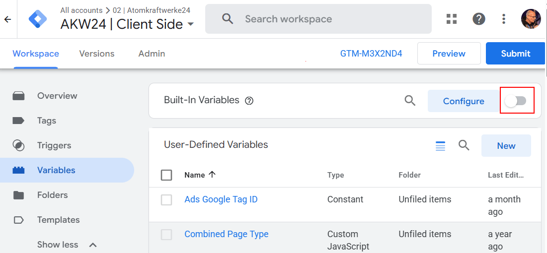 Liste der Built-In Variablen in GTM ausgeblendet
