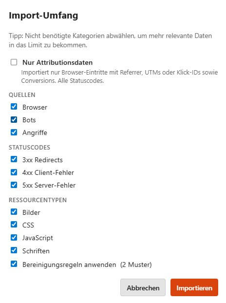 Import-Dialog in Logalytrix mit Optionen für Kategorien, Statuscodes und Ressourcentypen