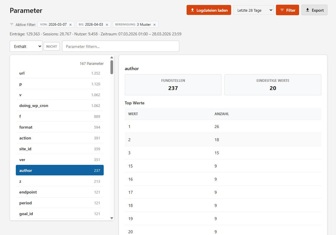 Parameter-Analyse: alle Query-Parameter mit Häufigkeit und Top-Werten