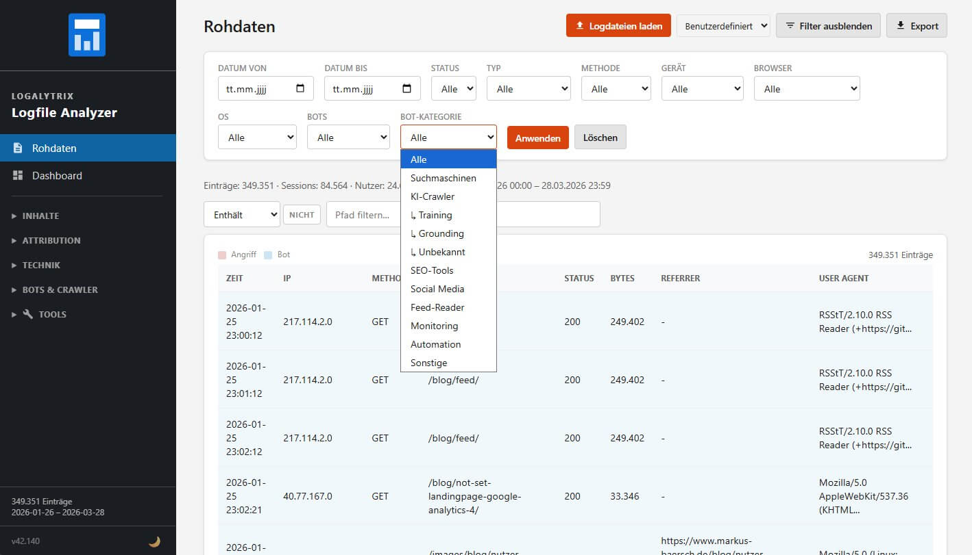 Rohdaten-Ansicht mit farblicher Hervorhebung von Bots und Angriffen