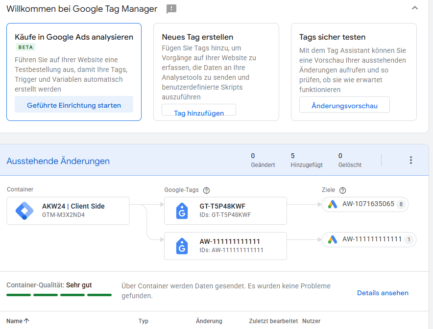Neue Übersichtsseite im Google Tag Manager mit Assistent, Aktions-Karten und Tag-Destination Flow