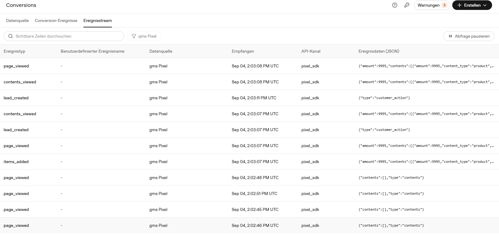 Eventstream mit empfangenen Ereignissen im OpenAI Ads Manager