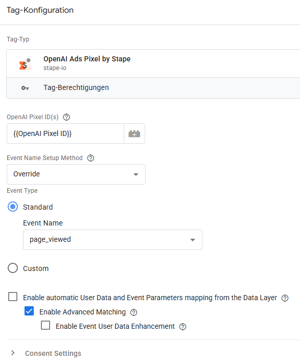 Seitenaufruf Tag mittels Stape Template für OpenAI Ad Measurement