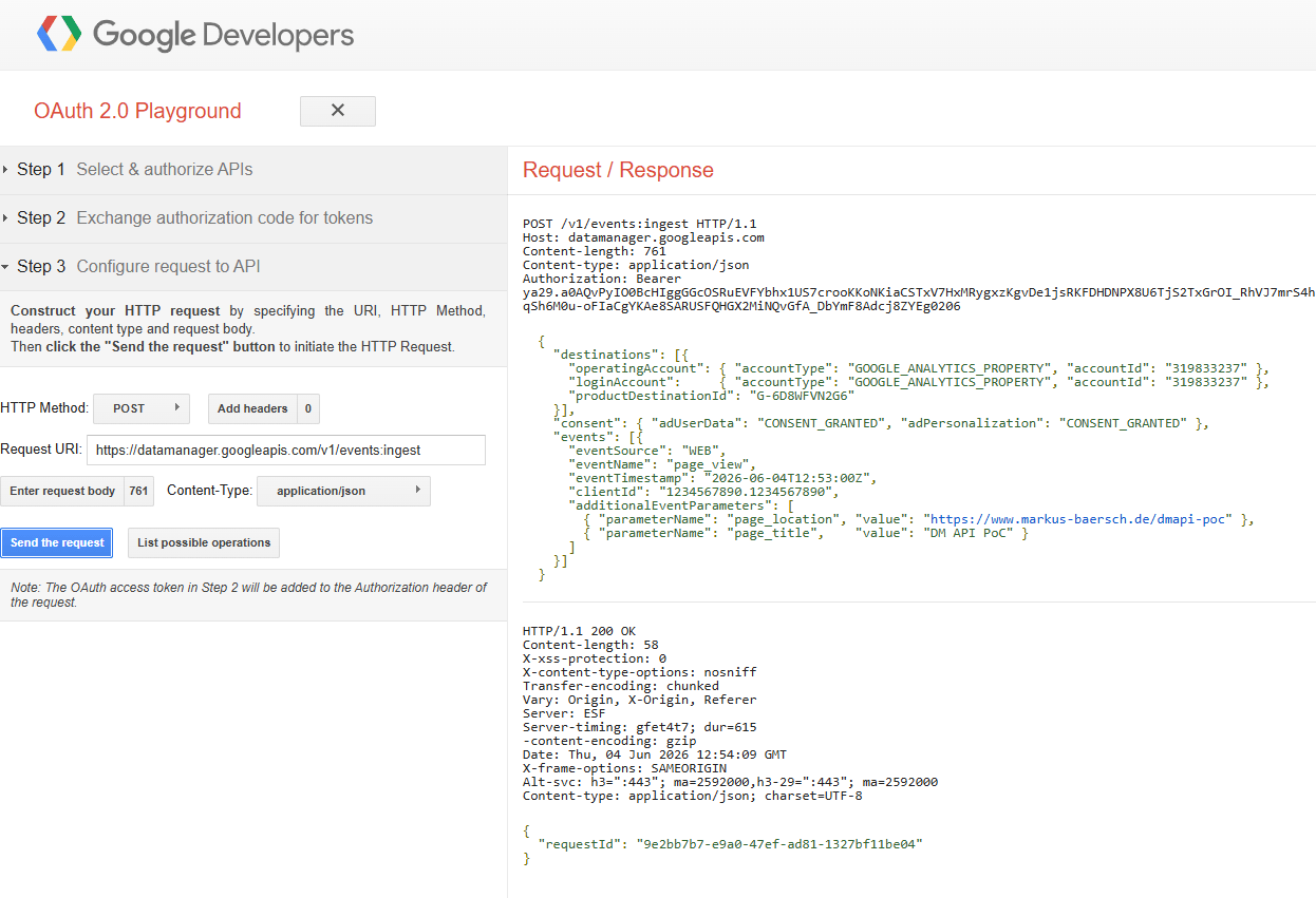 Erster Send im OAuth Playground - Request und 200-Response mit requestId