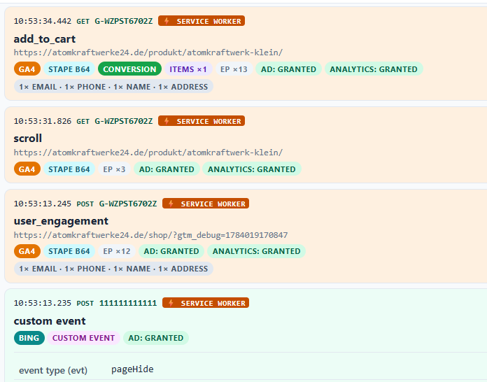 Beispiele von von Workern gesendete Events für GA4 und MS UET