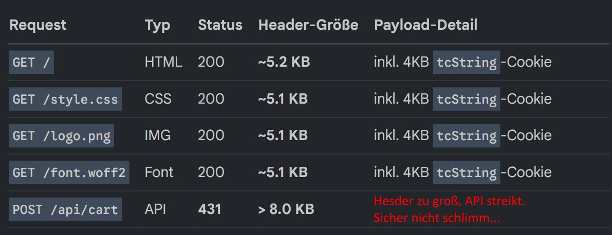 Netzwerkansicht mit großen TCF Strings im Payload