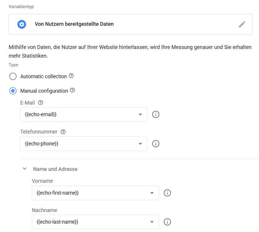 Nutzerdaten-Variable in GTM mit manueller Konfiguration