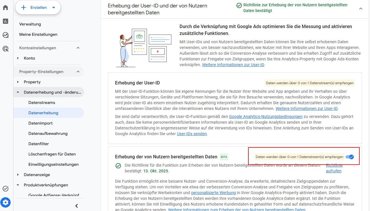 Aktivierung der Option zur Ergebnung von Nutzerdaten in GA ist erforderlich