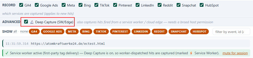 Einstellungen zu Service Worker Support und Hinweiskarte im Tracking Editor
