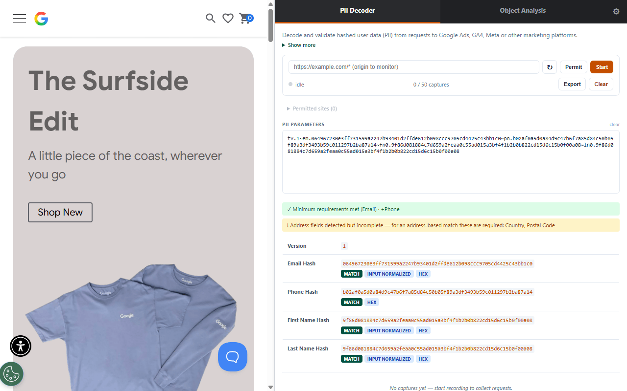em-Parameter zerlegt in Email-, Phone- und Namens-Hash mit MATCH-Kennzeichnung