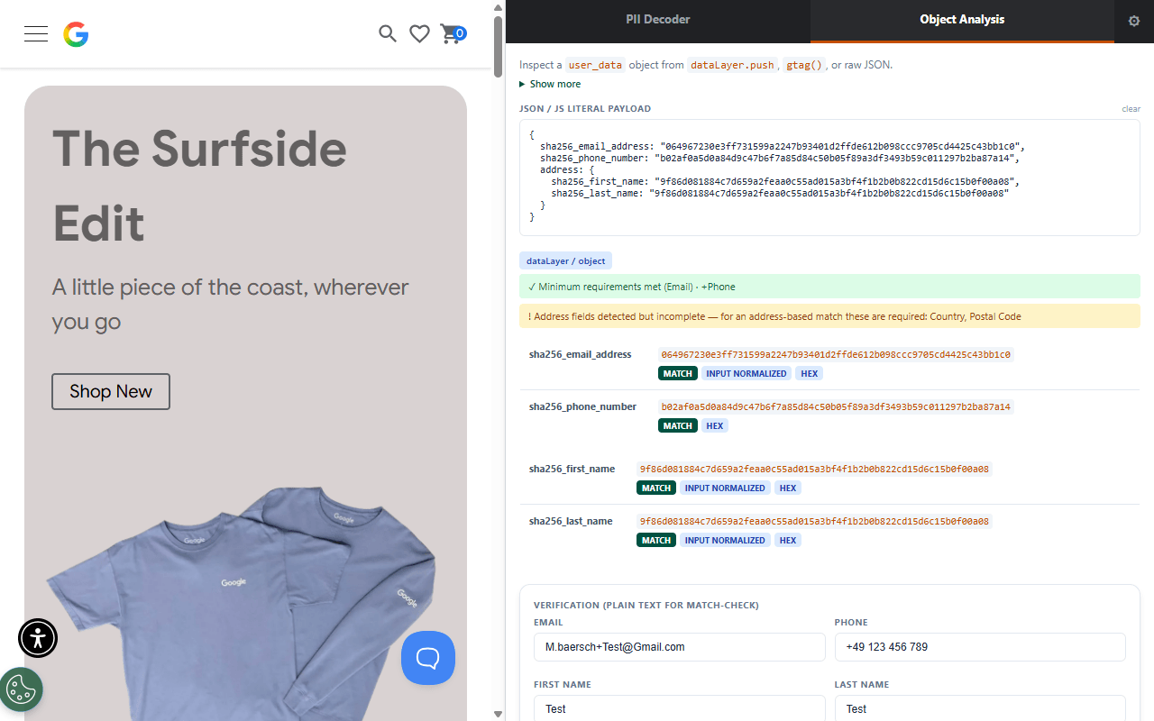 Analyse eines user_data-Objekts mit Struktur- und Hash-Prüfung