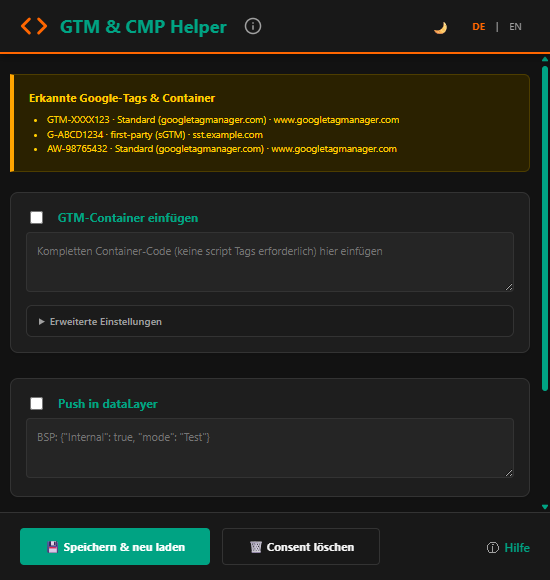 Popup-Sektion Erkannte Google-Tags & Container mit Container-ID, Ladeweg-Klassifikation und Host