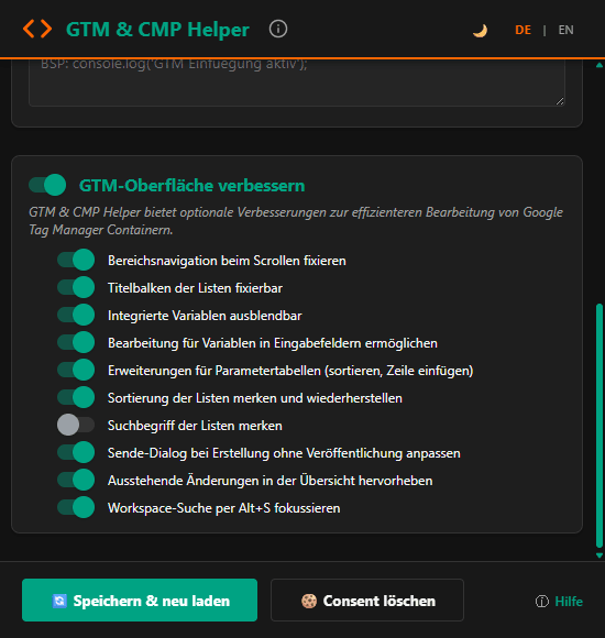 Popup-Karte GTM-Oberfläche verbessern mit Schaltern für die einzelnen Funktionen