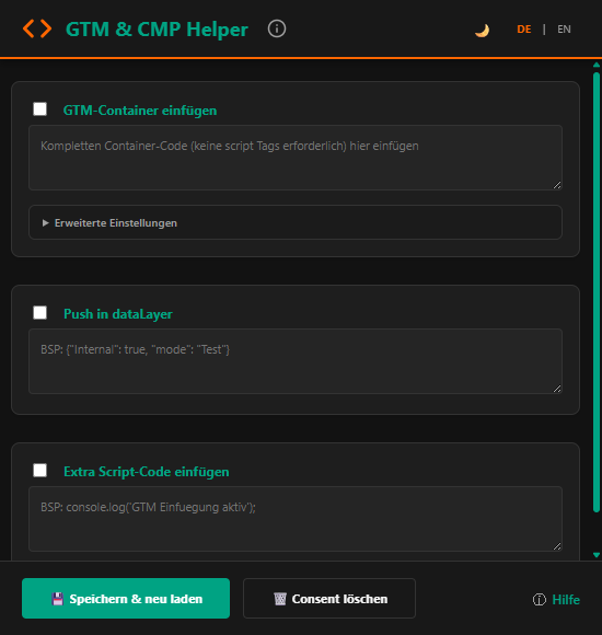 GTM & CMP Helper Popup mit den Bereichen GTM-Container einfügen, dataLayer-Push und Extra-Script-Code