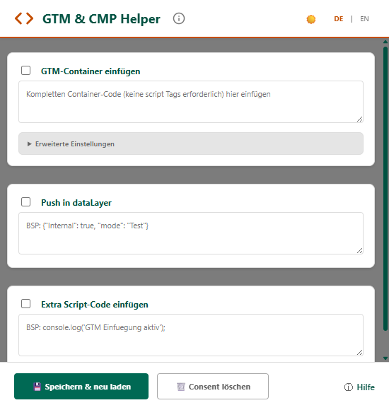 GTM & CMP Helper Popup im hellen Theme