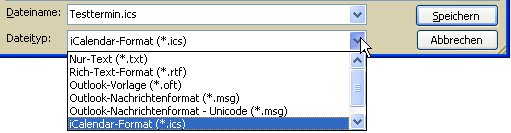 Termin aus Outlook als iCalendar speichern