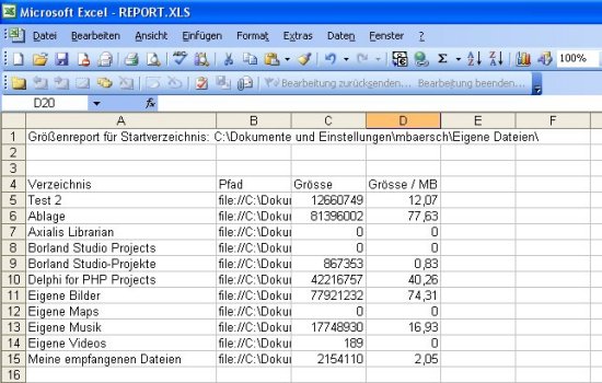 Verzeichnisreport in Excel
