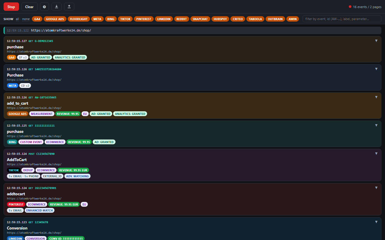Tracking Auditor Panel im Dark Mode